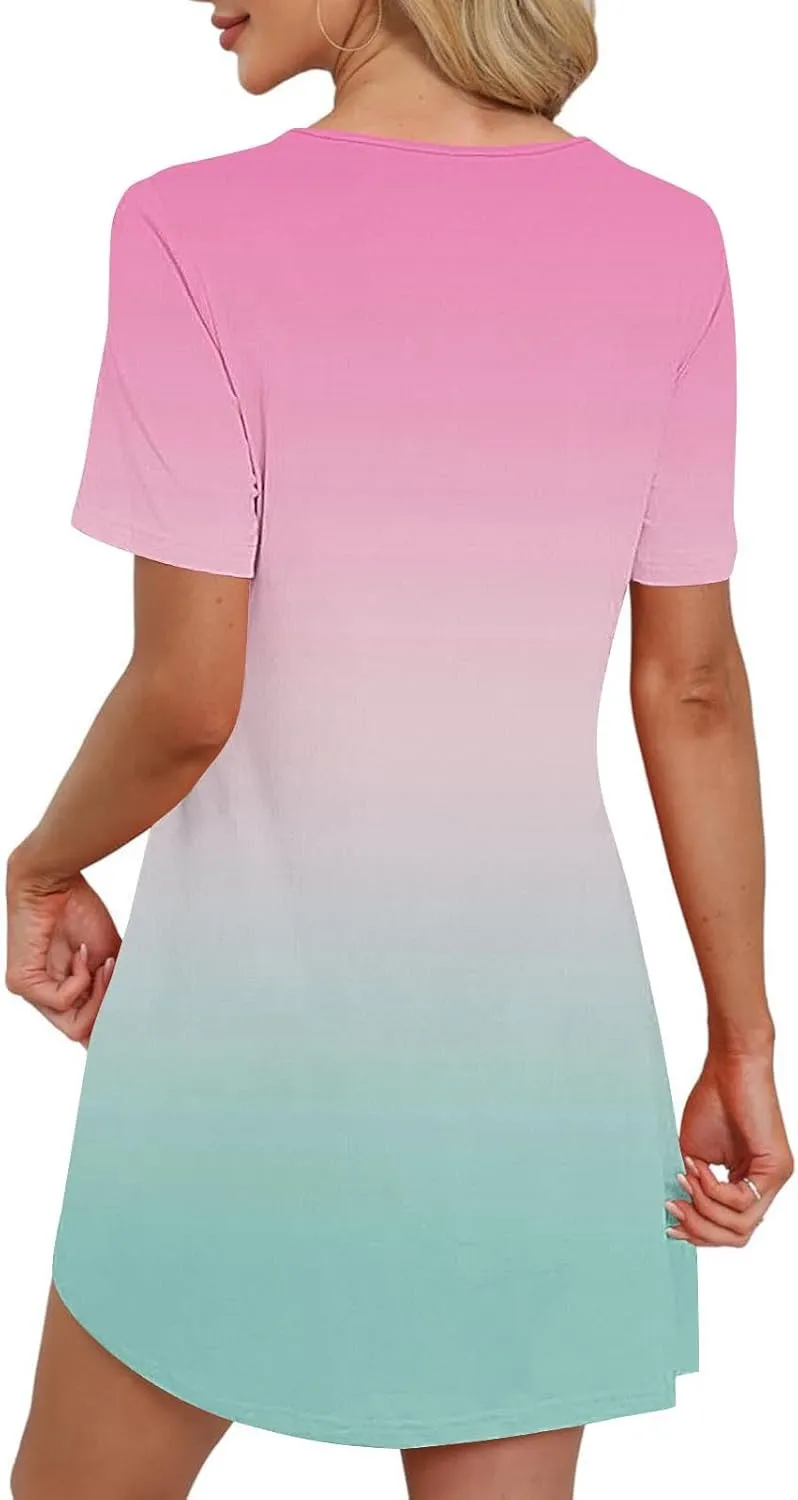 hlysgo Summer Dresses for Women 2025 Trendy Tie-Dye Print Short Sleeve Crew Neck Ruched Dress Beach Mini Dress with Pockets