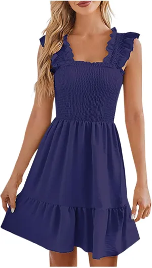 hlysgo Women Summer Sleeveless Mini Dress Boho Smocked Sundresses Cute Ruffle Casual Tank Dress