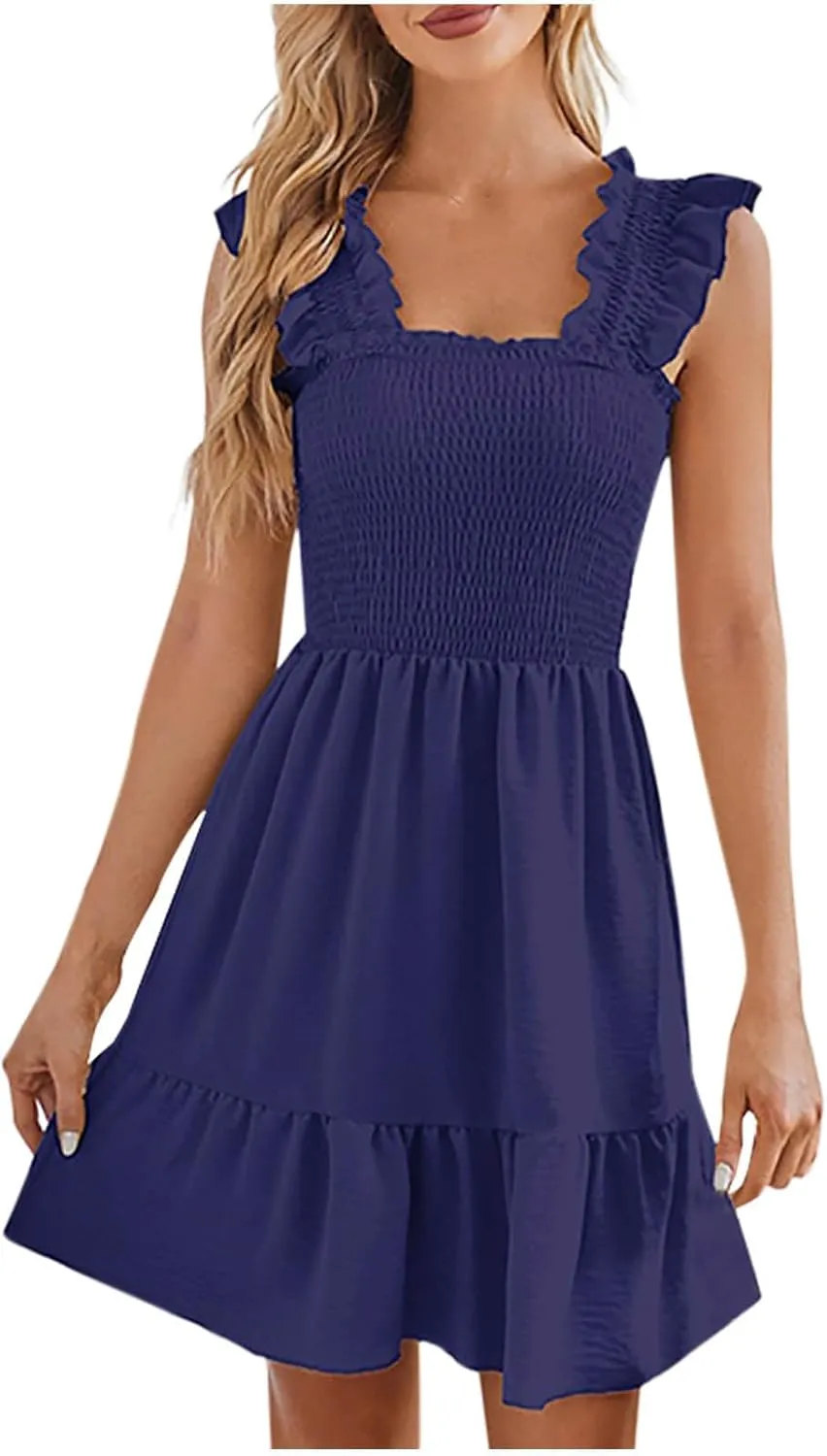 hlysgo Women Summer Sleeveless Mini Dress Boho Smocked Sundresses Cute Ruffle Casual Tank Dress