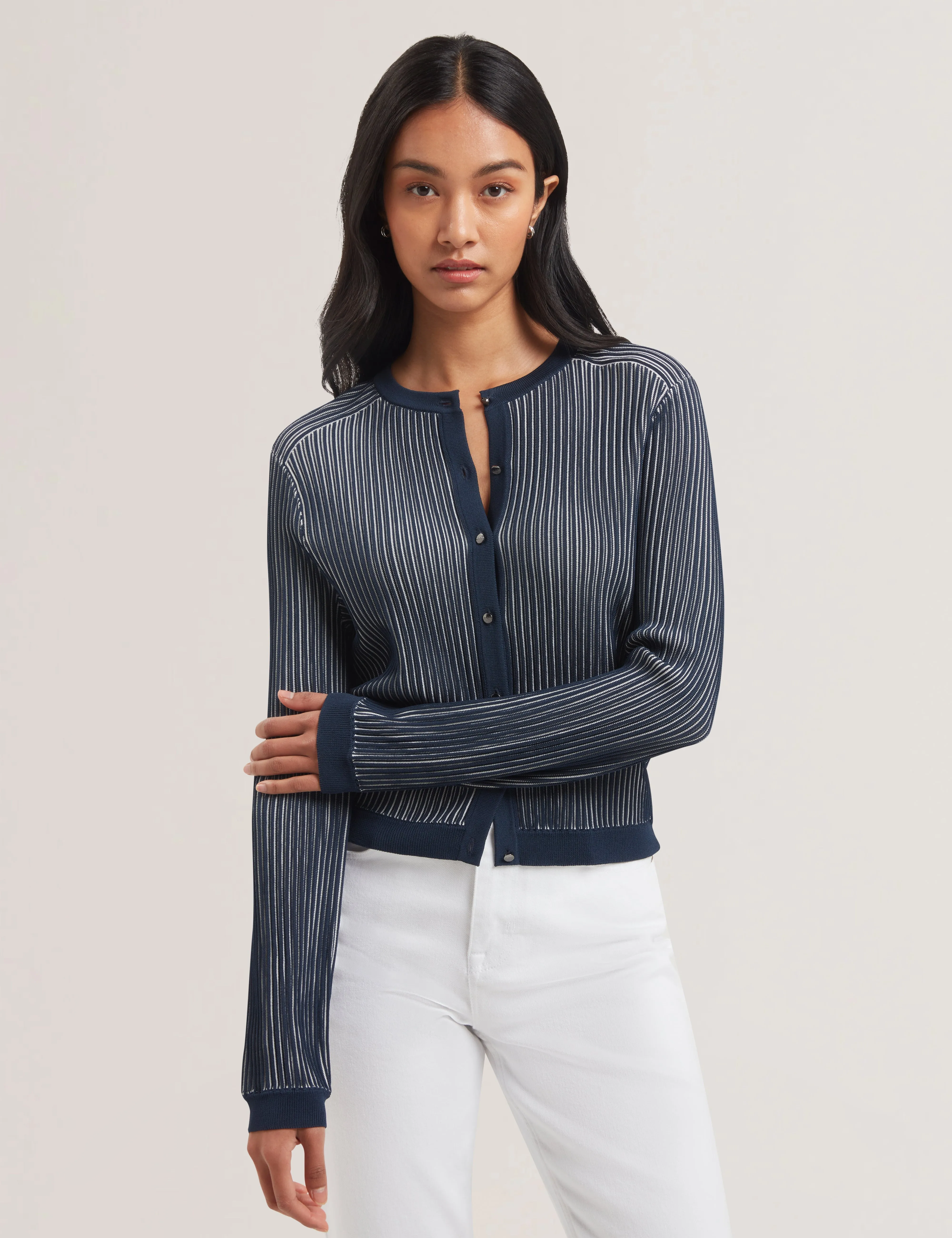Ilhaa Textured Stripe Knitted Cardigan Navy
