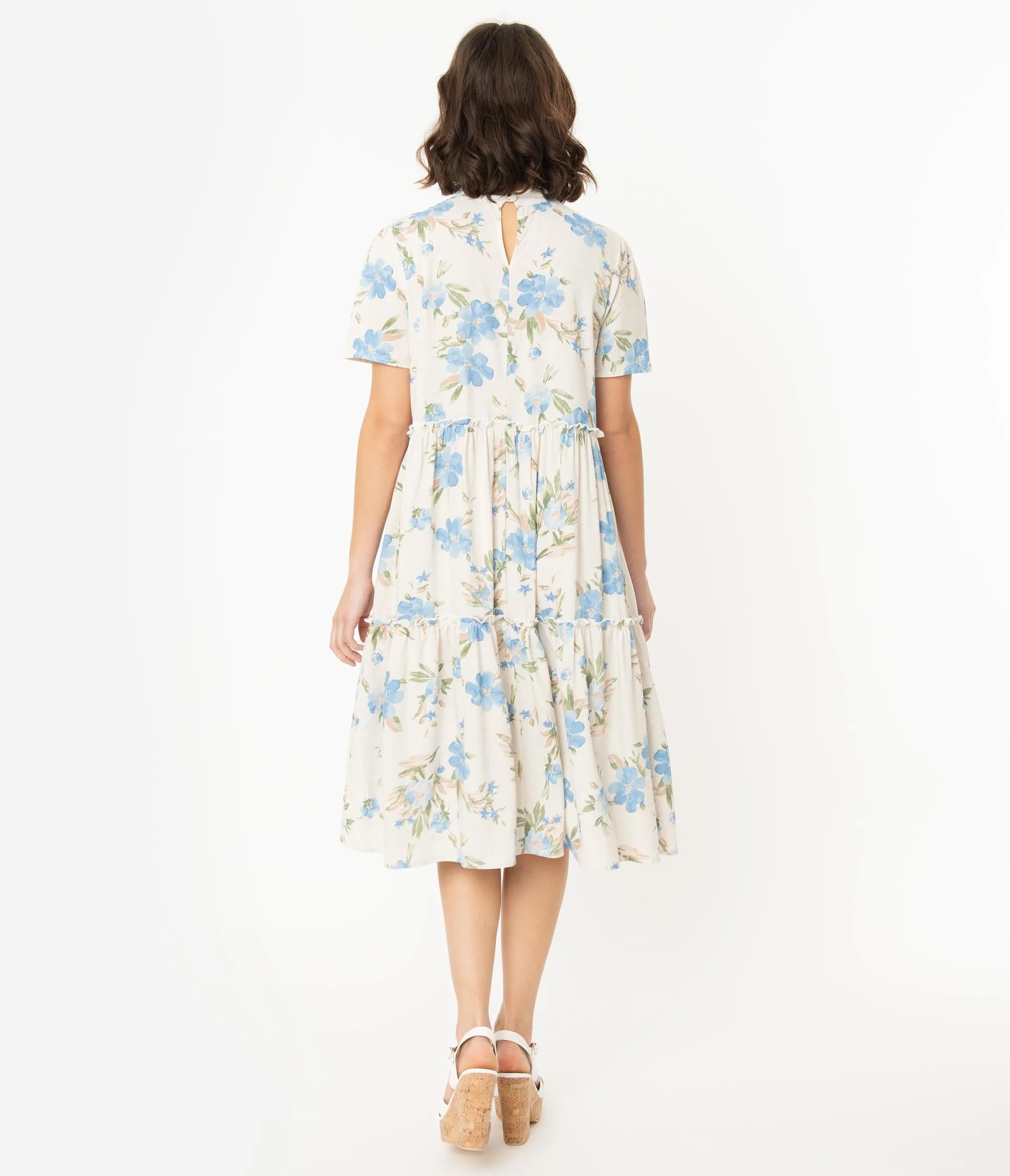 Ivory & Blue Floral Print Short Sleeve Dress