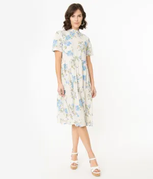 Ivory & Blue Floral Print Short Sleeve Dress