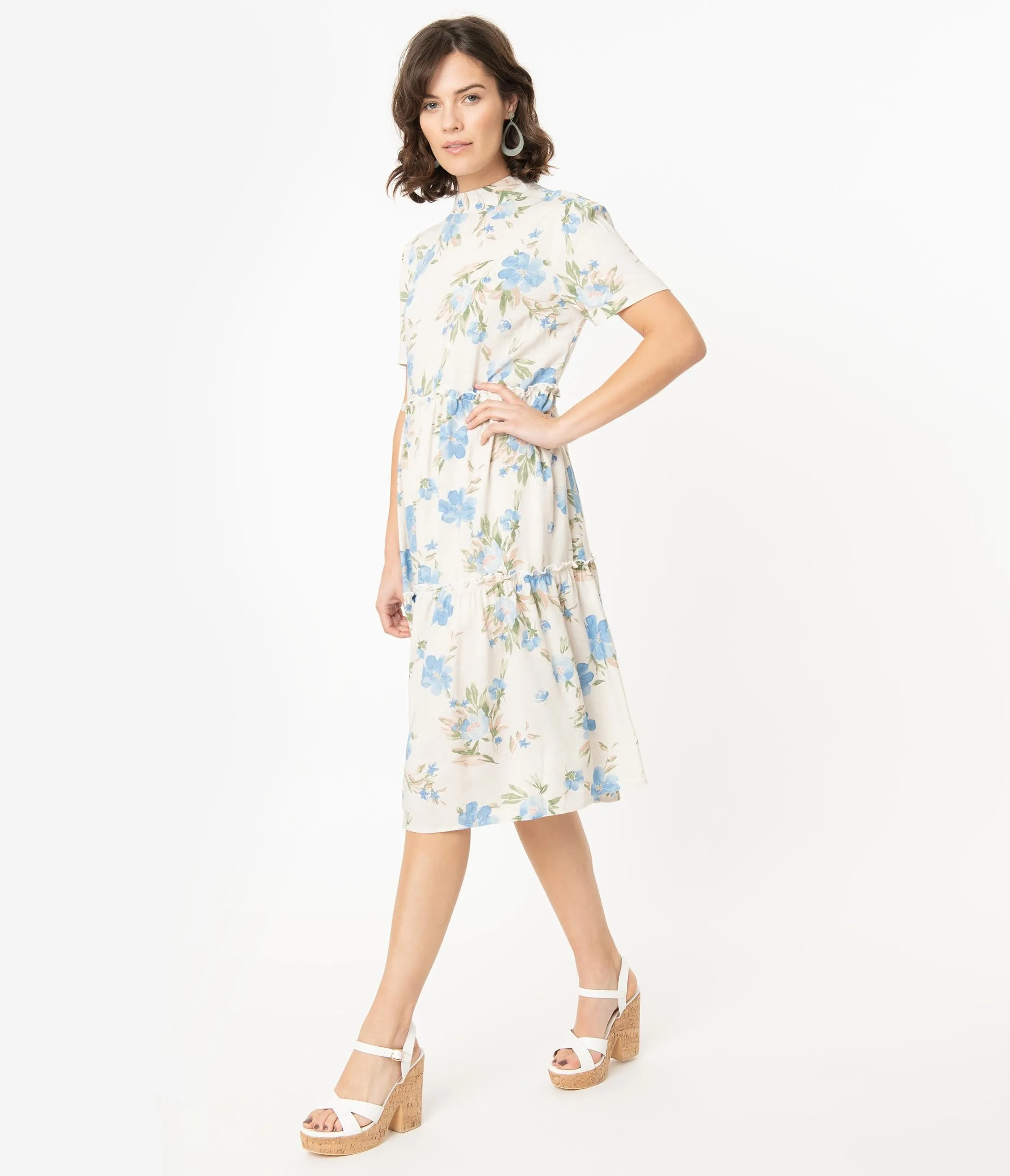 Ivory & Blue Floral Print Short Sleeve Dress