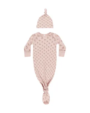 Knotted Baby Gown & Hat Set Roses/Bubblegum