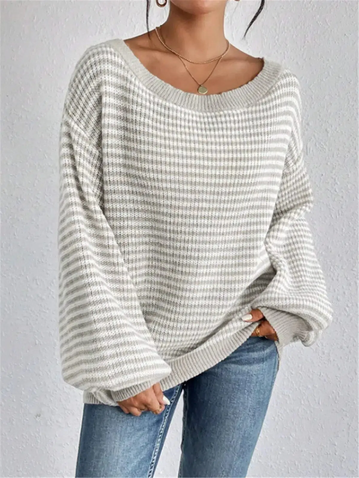Long Sleeve Top Knitted Striped Pattern Sweaters