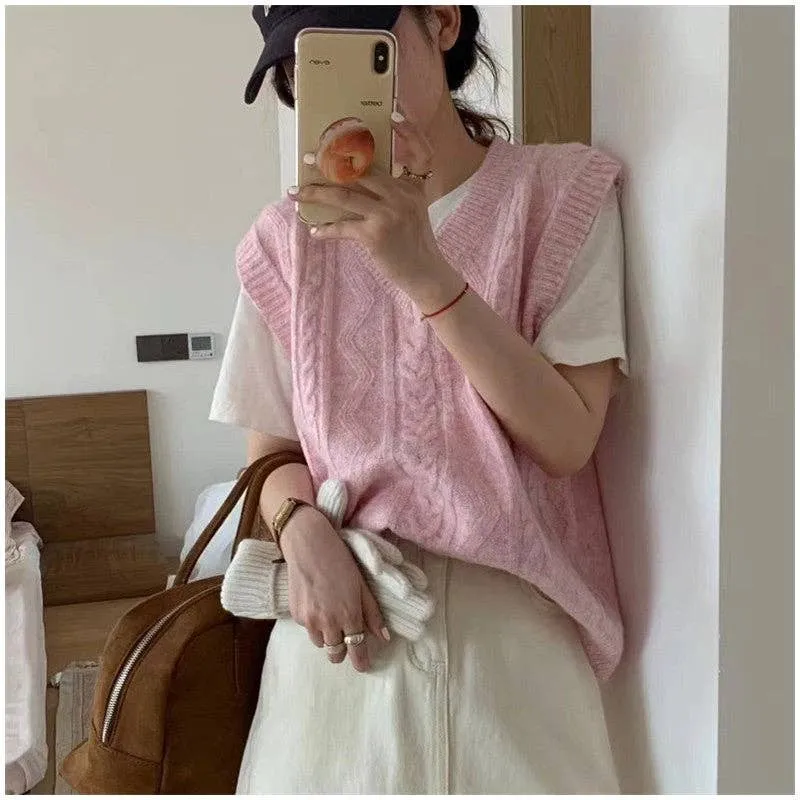 Loose-Fit V-Neck Solid Color Twisted Knit Vest