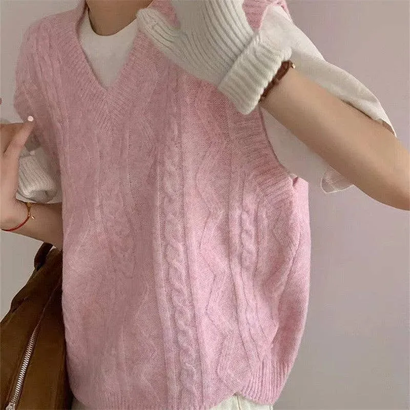 Loose-Fit V-Neck Solid Color Twisted Knit Vest