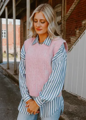 Loose-Fit V-Neck Solid Color Twisted Knit Vest