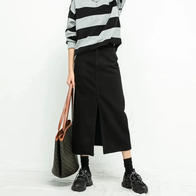 LVSANW Split Denim Skirt For Women High Waisted Loose A-line Skirt Korean Elegant Black Skirts 2024 Autumn Fashion Mid length Skirts