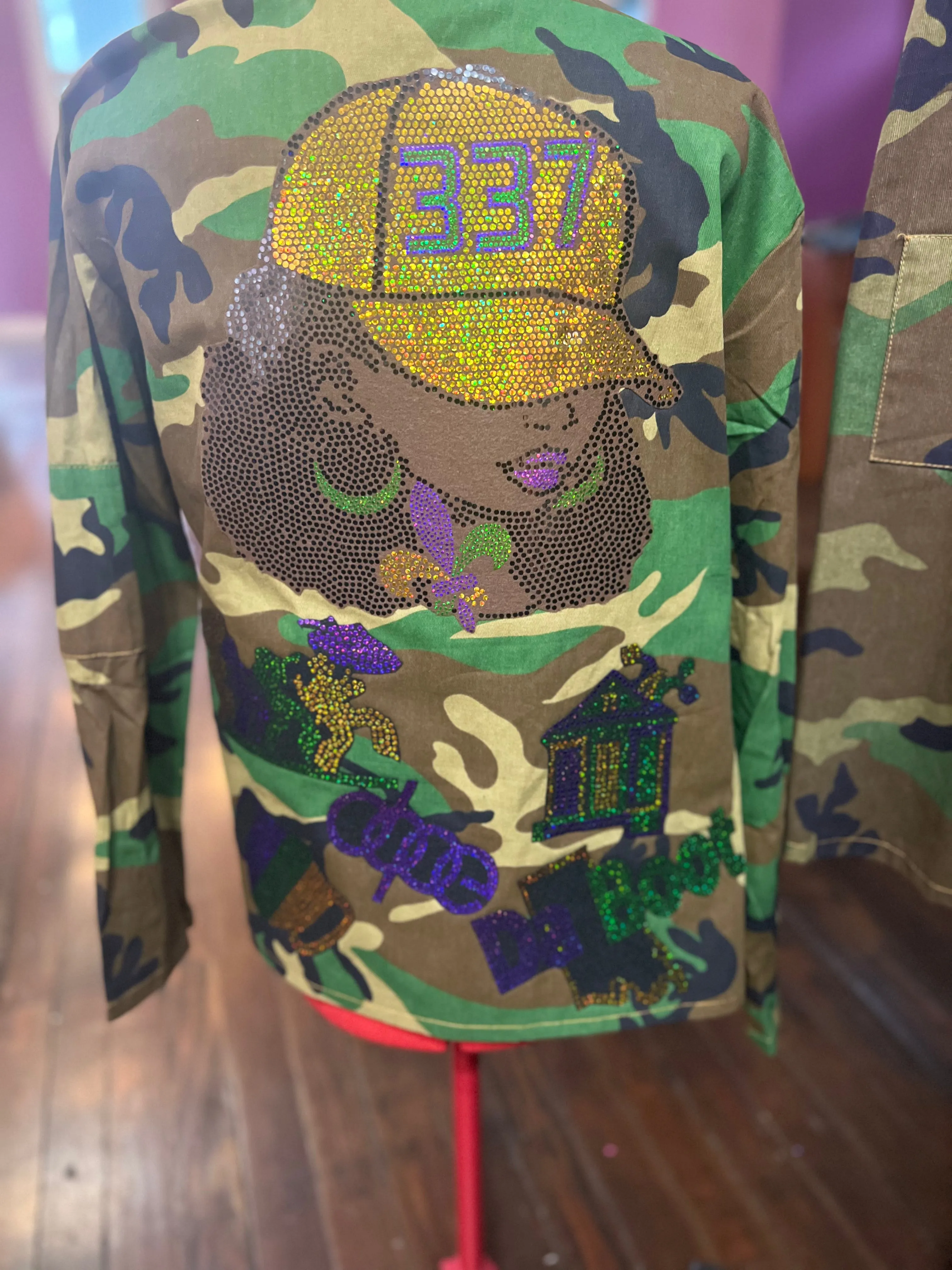MARDI GRAS 337 CHIC CAMOUFLAGE BLING Patchwork JACKET