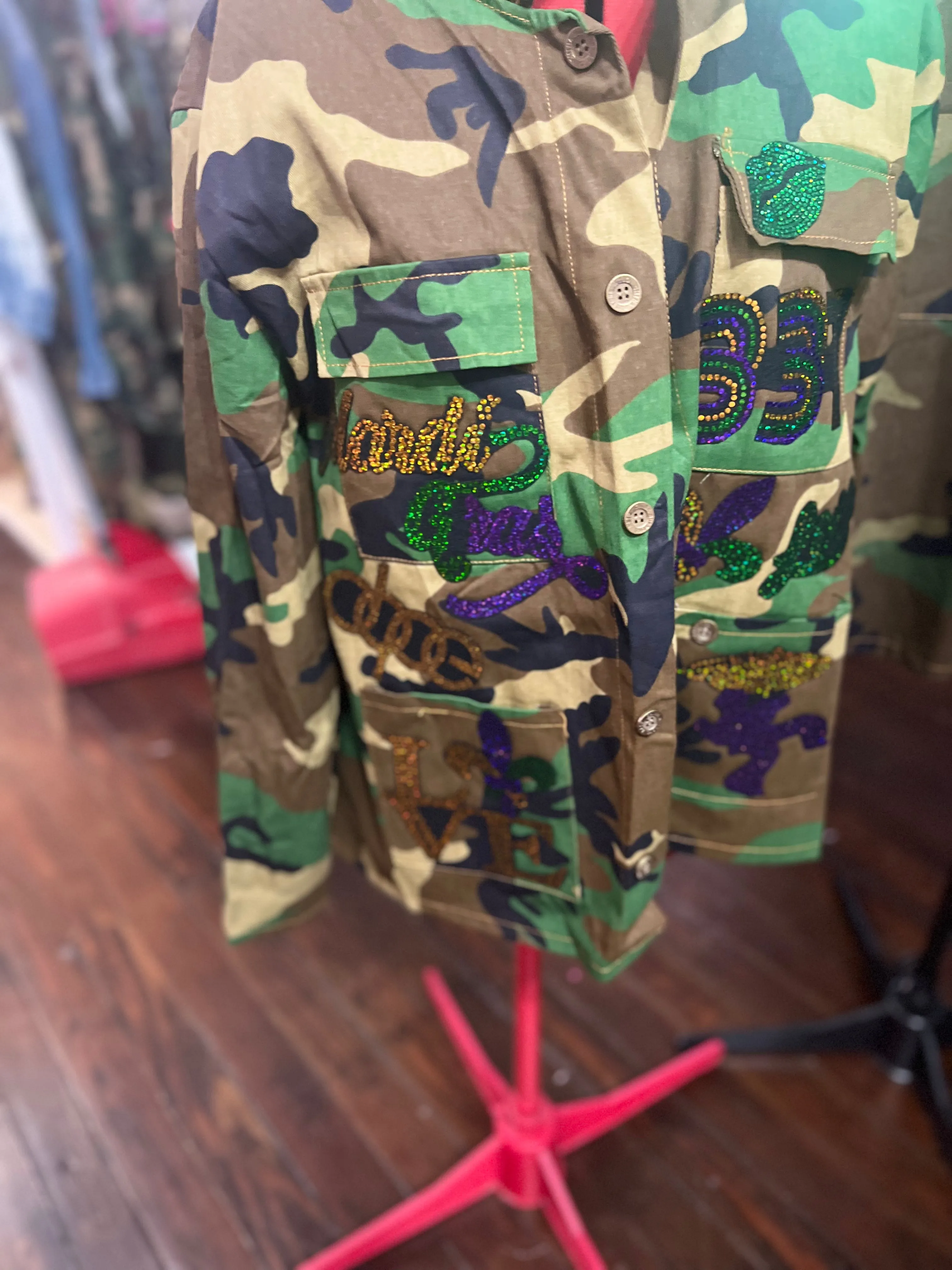 MARDI GRAS 337 CHIC CAMOUFLAGE BLING Patchwork JACKET