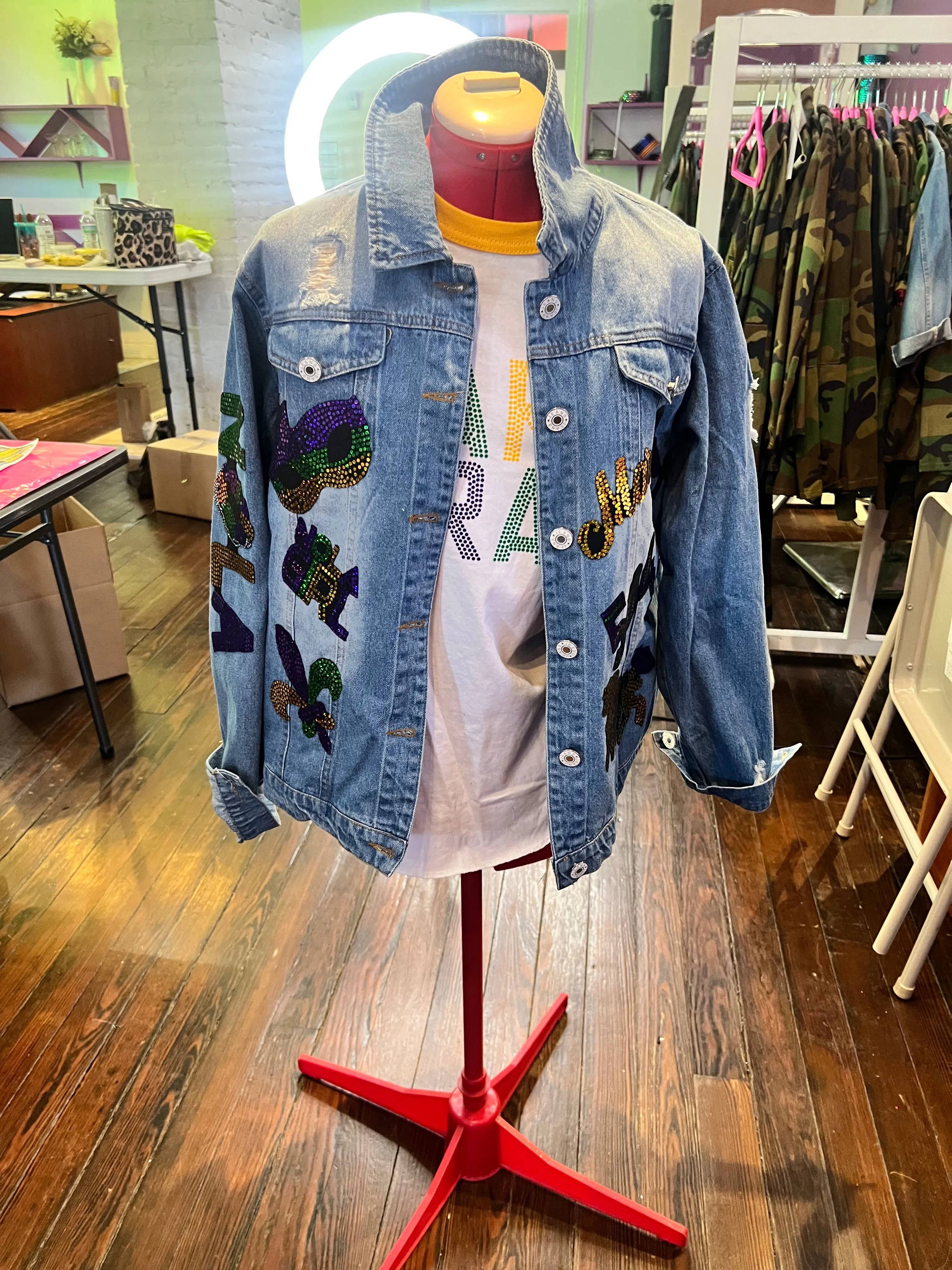 MARDI GRAS BALD CHIC DENIM BLING Patchwork JACKET