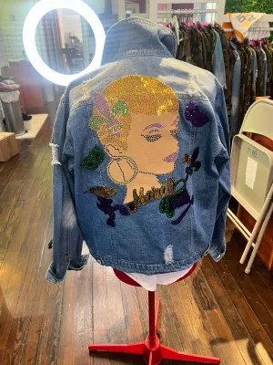 MARDI GRAS BALD CHIC DENIM BLING Patchwork JACKET