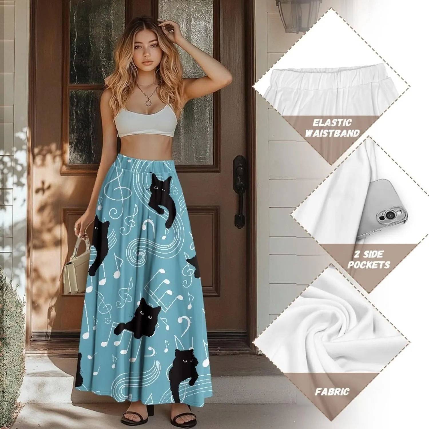 Midi Skirts for Womens Elastic Summer Fall Long Skirts Ultra-Soft Flared Skirts with Pockets Below The Knee Skirts