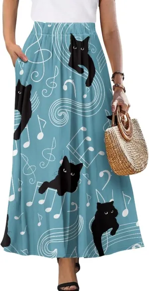 Midi Skirts for Womens Elastic Summer Fall Long Skirts Ultra-Soft Flared Skirts with Pockets Below The Knee Skirts