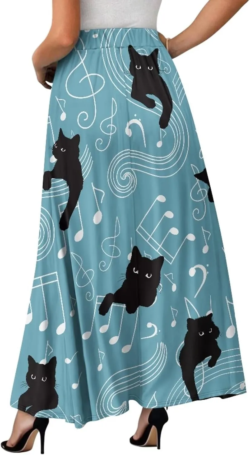 Midi Skirts for Womens Elastic Summer Fall Long Skirts Ultra-Soft Flared Skirts with Pockets Below The Knee Skirts