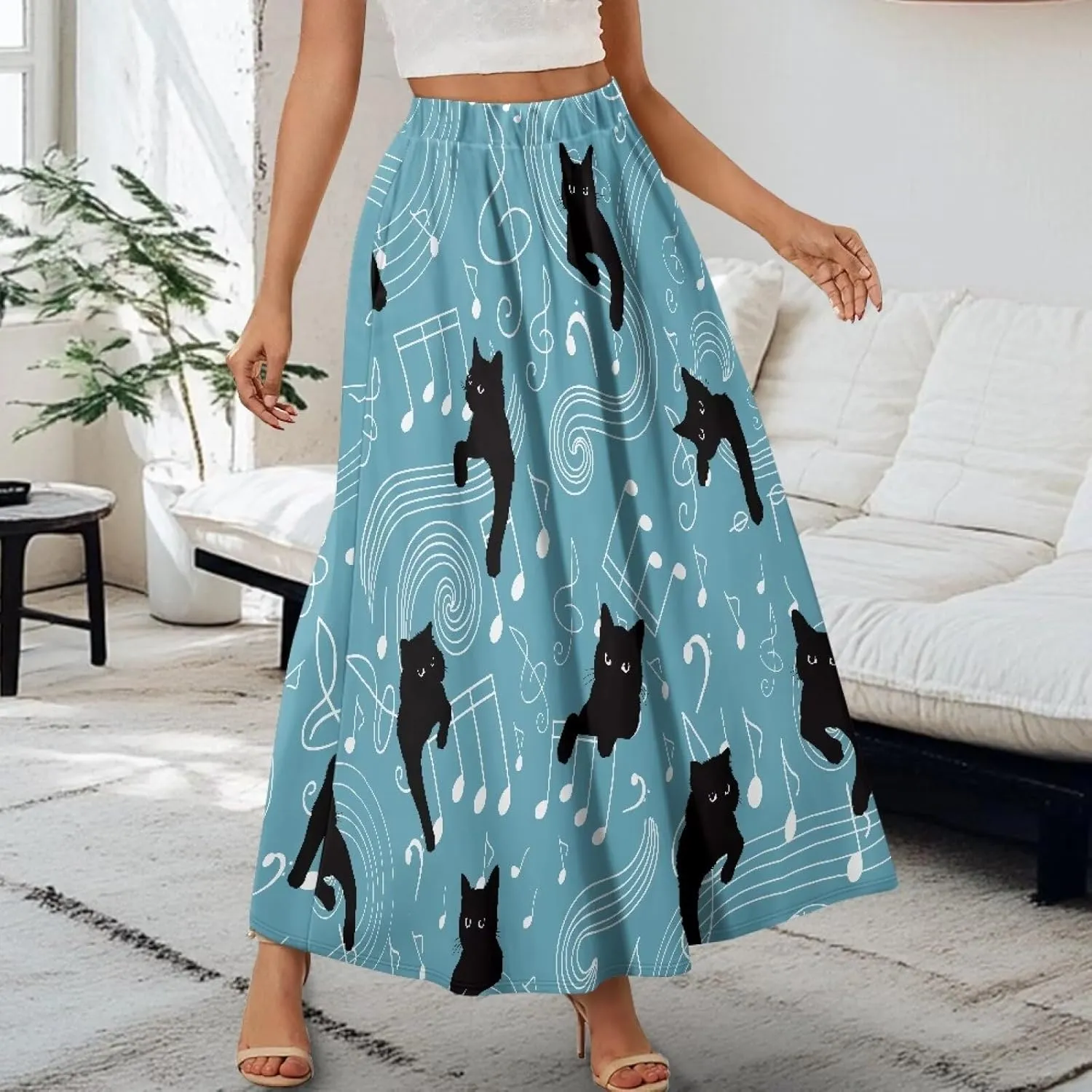 Midi Skirts for Womens Elastic Summer Fall Long Skirts Ultra-Soft Flared Skirts with Pockets Below The Knee Skirts