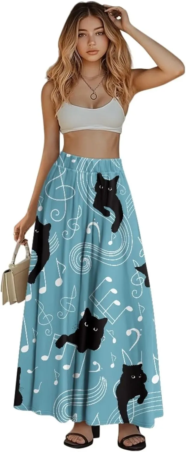 Midi Skirts for Womens Elastic Summer Fall Long Skirts Ultra-Soft Flared Skirts with Pockets Below The Knee Skirts