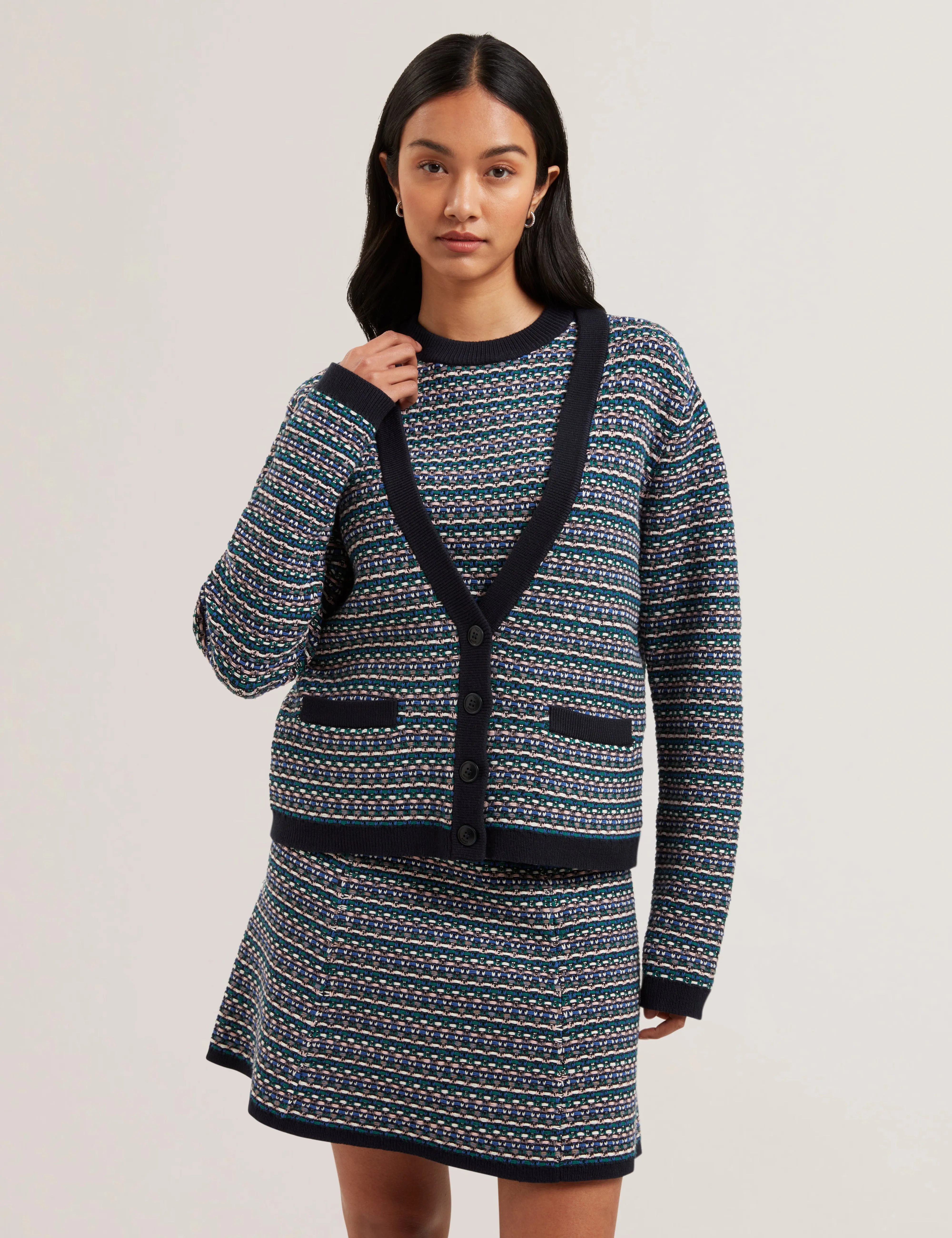 Monice Interest Stitch Knitted Cardigan Navy