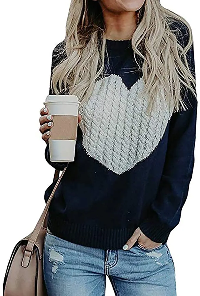 New Fashionme Women Long Sleeve Crewneck Cable Knit Love Heart Patch Pullover Sweater in Navy/White! Sz M!