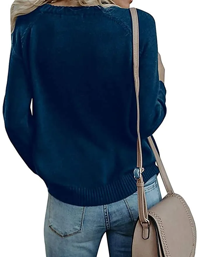 New Fashionme Women Long Sleeve Crewneck Cable Knit Love Heart Patch Pullover Sweater in Navy/White! Sz M!