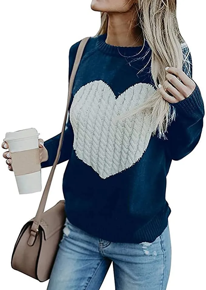 New Fashionme Women Long Sleeve Crewneck Cable Knit Love Heart Patch Pullover Sweater in Navy/White! Sz M!