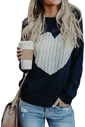 New Fashionme Women Long Sleeve Crewneck Cable Knit Love Heart Patch Pullover Sweater in Navy/White! Sz M!