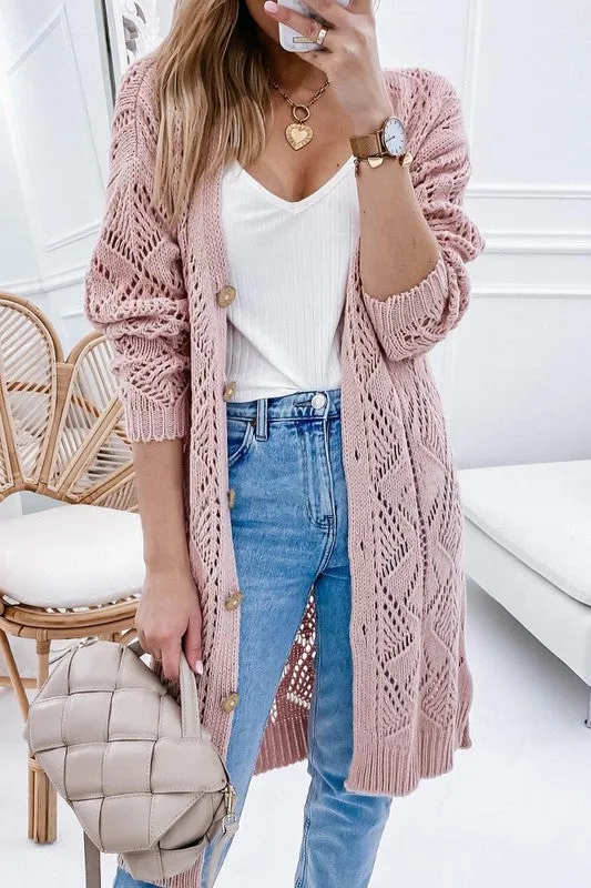 Plus Eyelet Sweater Button Crochet Knit Cardigan