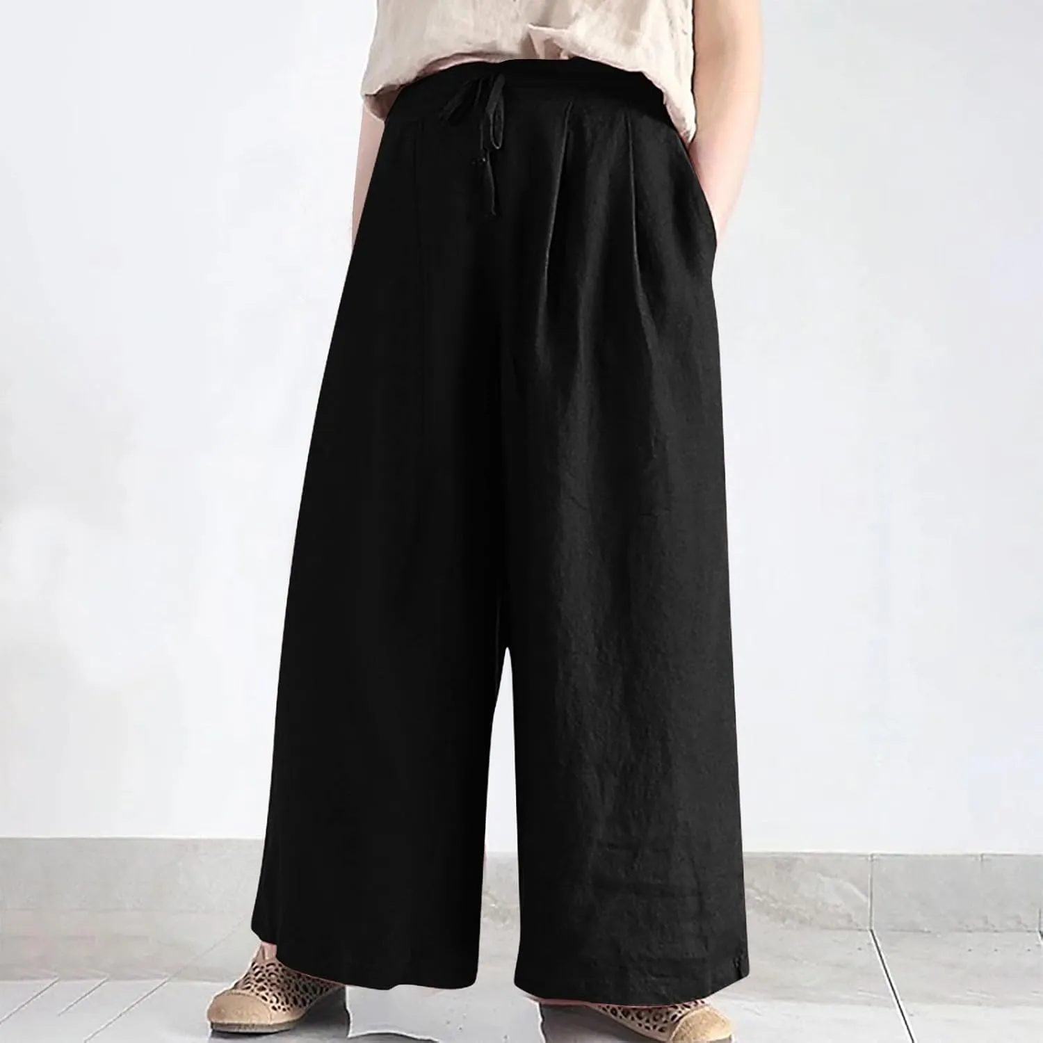 Plus Size Linen Pants for Women Wide Leg High Waist Cotton Linen Trousers, Breathable Wrinkle-Free Beach Vacation Wear