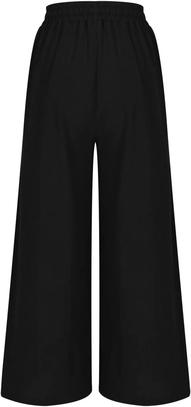 Plus Size Linen Pants for Women Wide Leg High Waist Cotton Linen Trousers, Breathable Wrinkle-Free Beach Vacation Wear