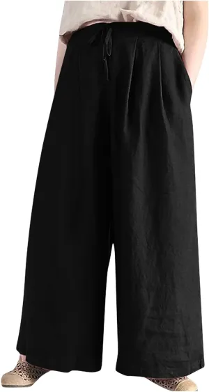 Plus Size Linen Pants for Women Wide Leg High Waist Cotton Linen Trousers, Breathable Wrinkle-Free Beach Vacation Wear