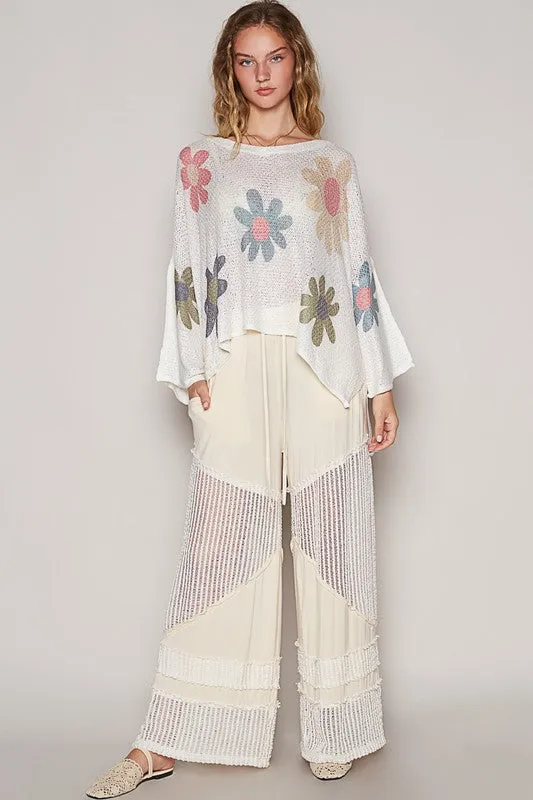 POL Flower Dropped Shoulder Knit Top In White