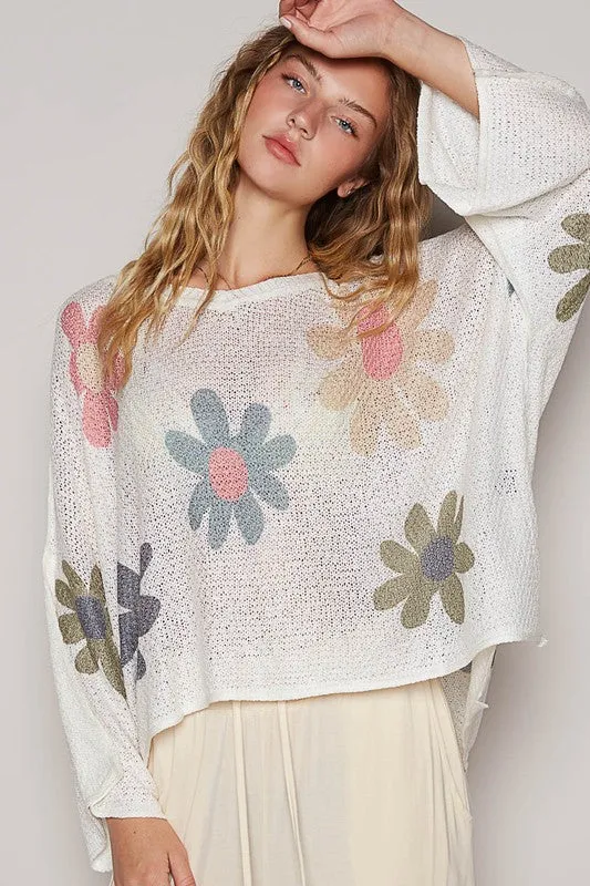 POL Flower Dropped Shoulder Knit Top In White
