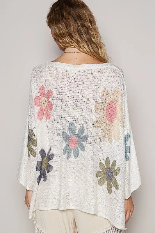 POL Flower Dropped Shoulder Knit Top In White