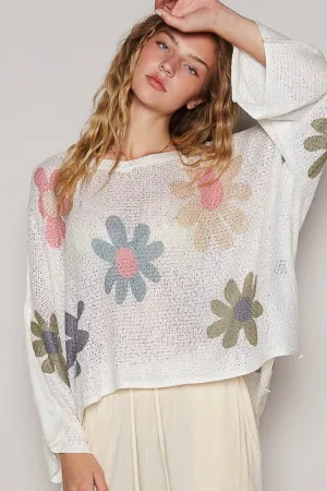 POL Flower Dropped Shoulder Knit Top In White