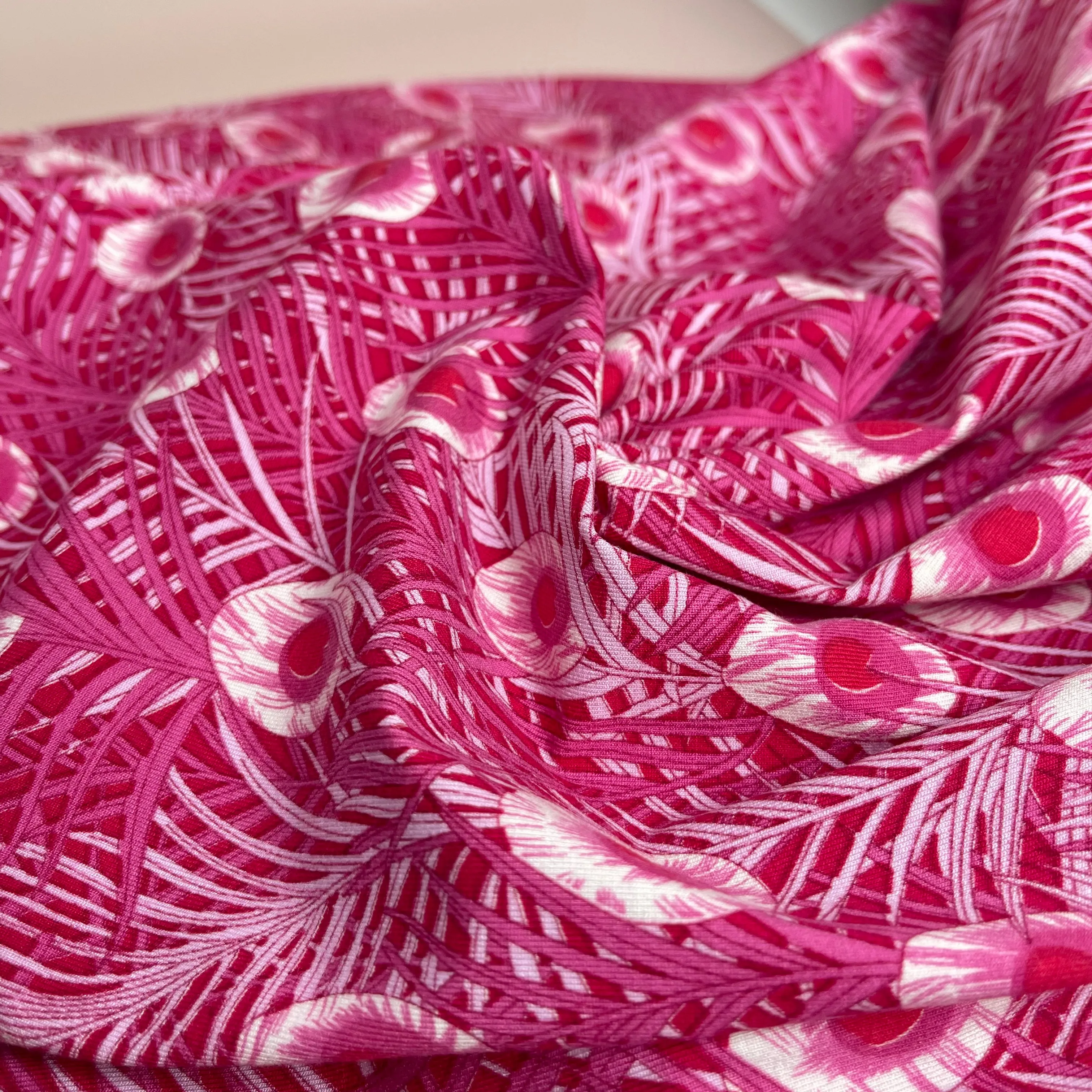 REMNANT 1.47 Metres - Peacock Feathers Cerise Pink Viscose Jersey Fabric