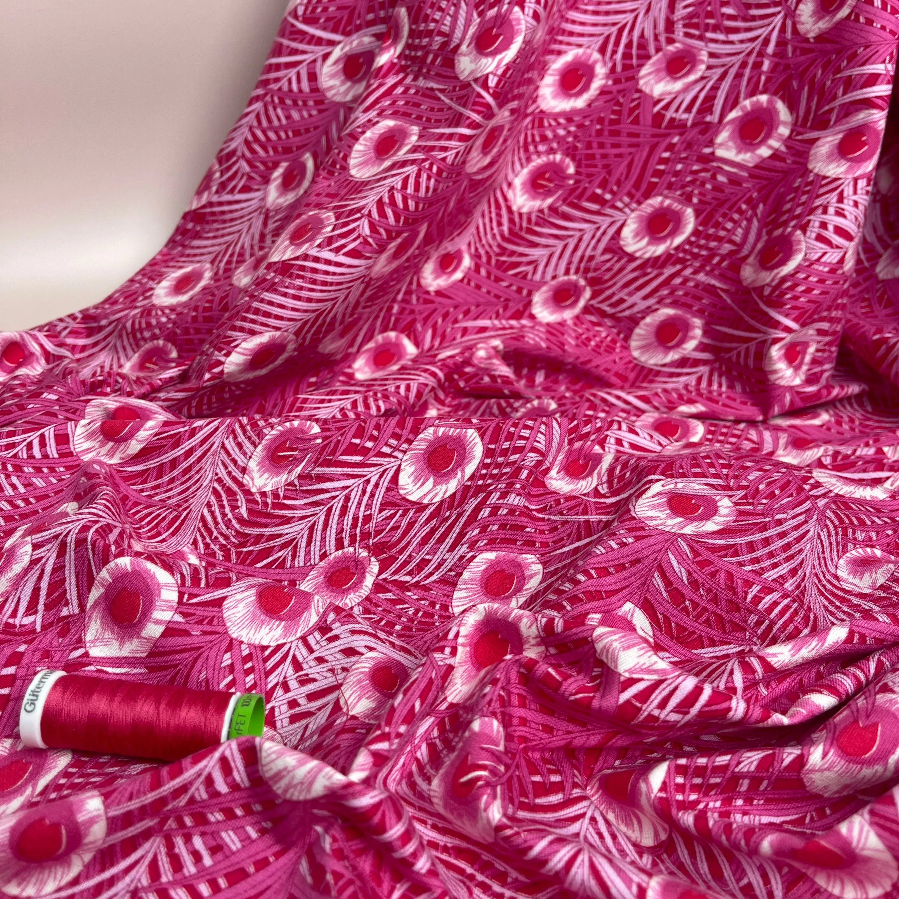 REMNANT 1.47 Metres - Peacock Feathers Cerise Pink Viscose Jersey Fabric