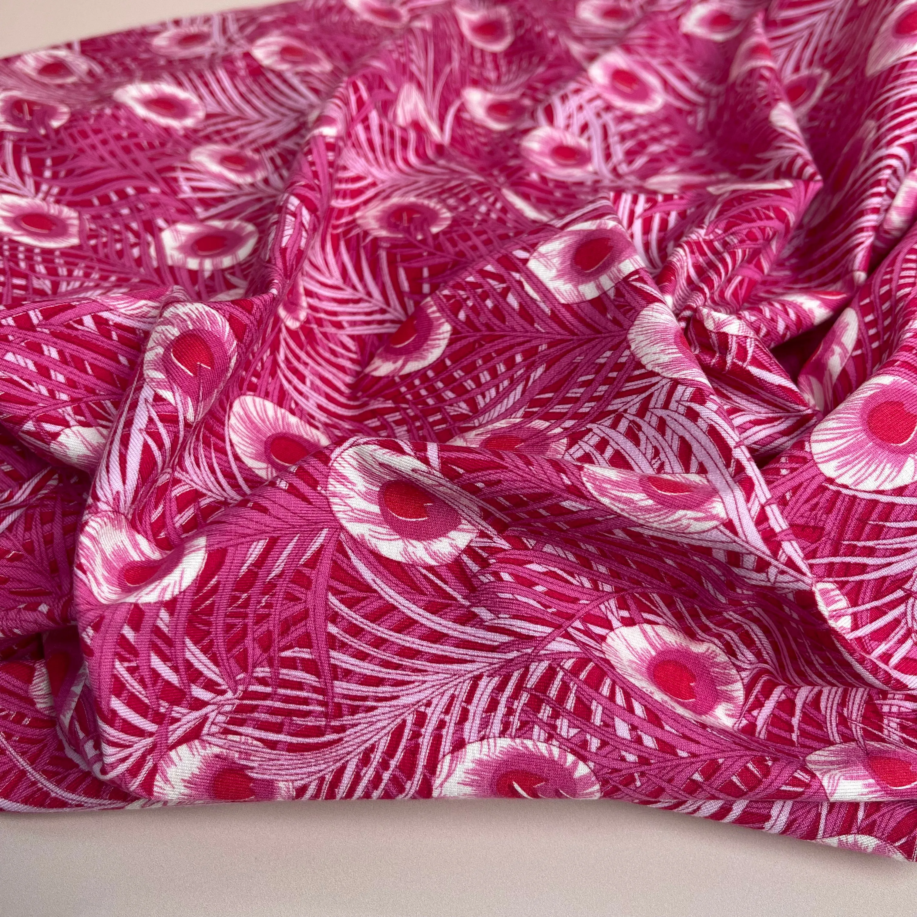 REMNANT 1.47 Metres - Peacock Feathers Cerise Pink Viscose Jersey Fabric