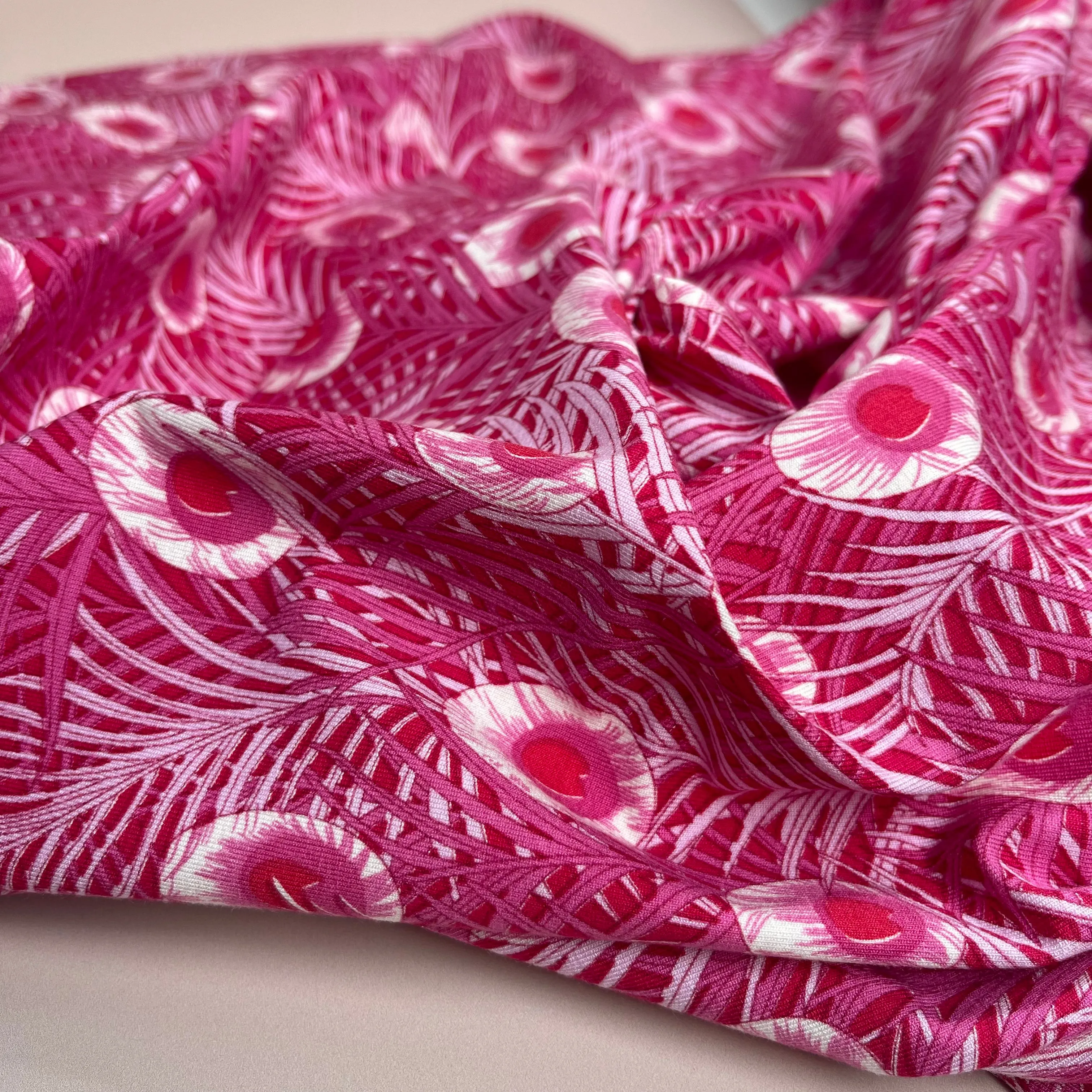 REMNANT 1.47 Metres - Peacock Feathers Cerise Pink Viscose Jersey Fabric