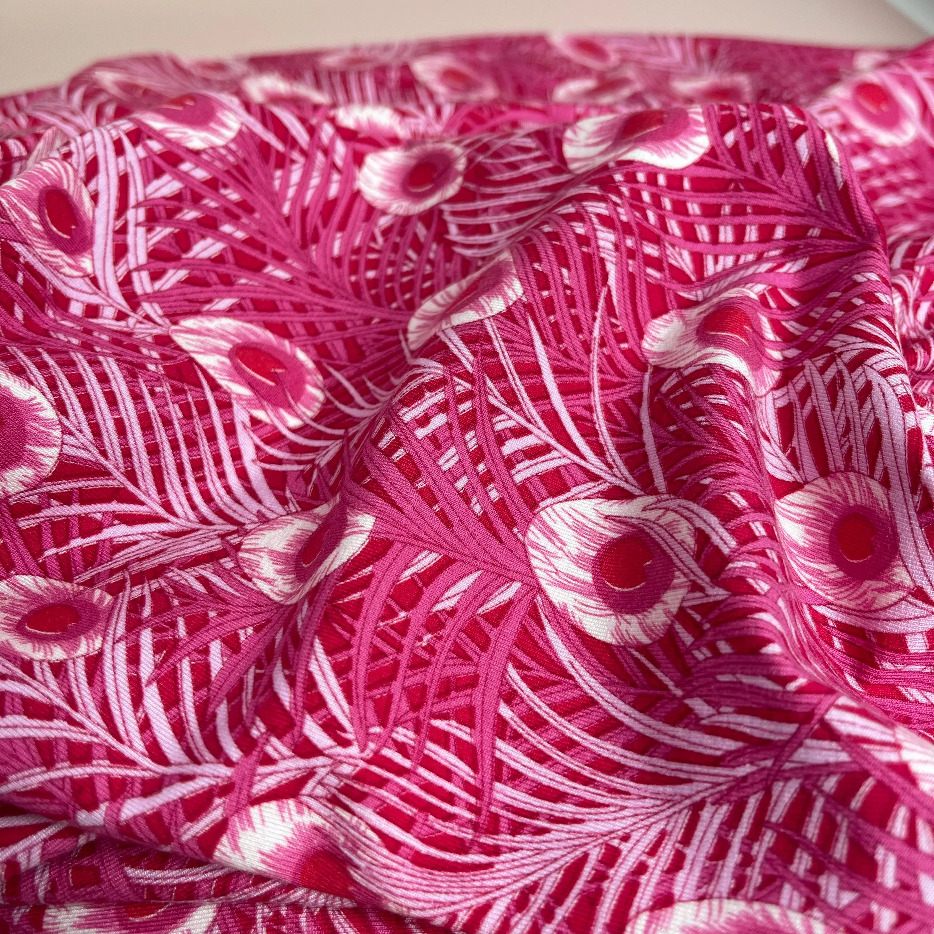 REMNANT 1.47 Metres - Peacock Feathers Cerise Pink Viscose Jersey Fabric