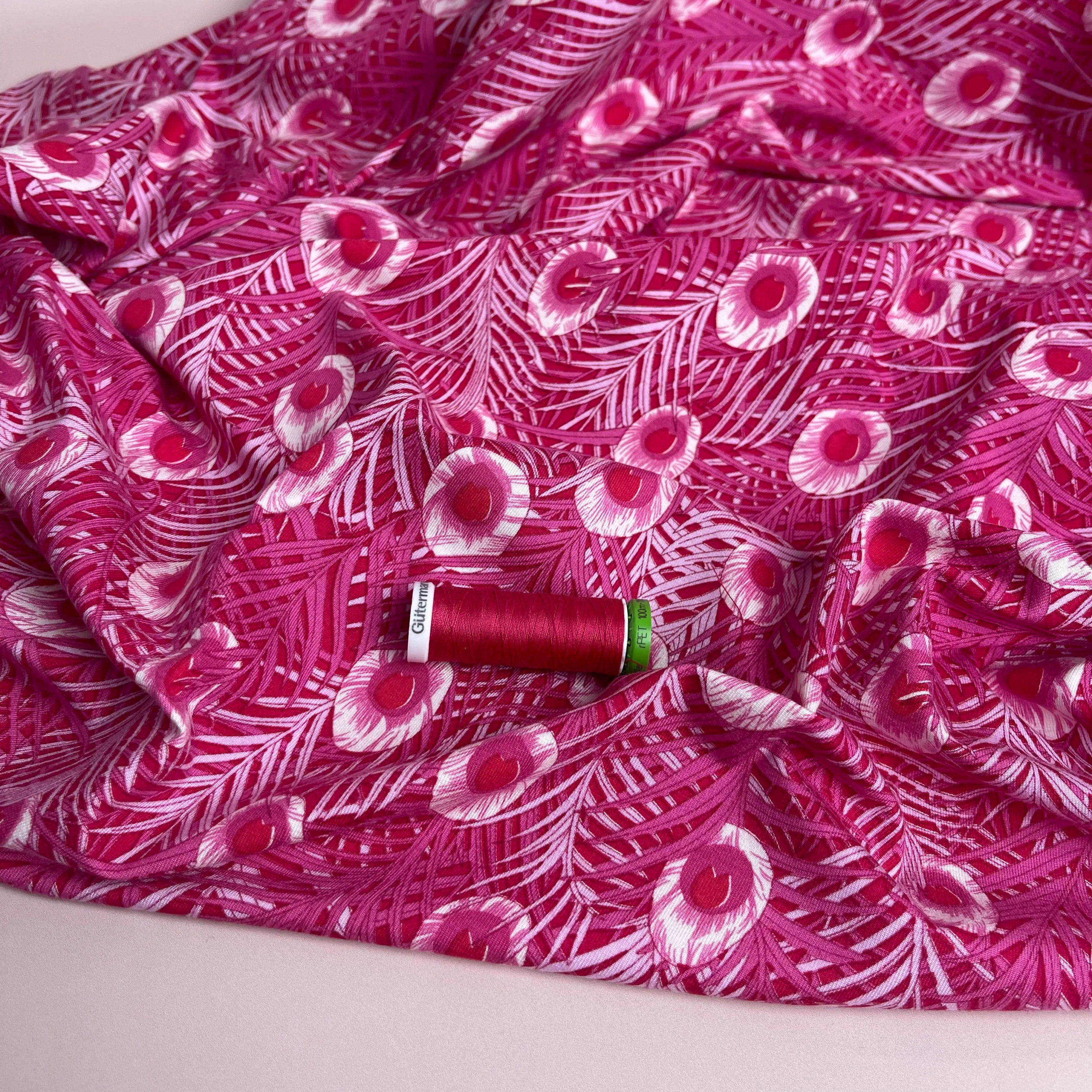 REMNANT 1.47 Metres - Peacock Feathers Cerise Pink Viscose Jersey Fabric