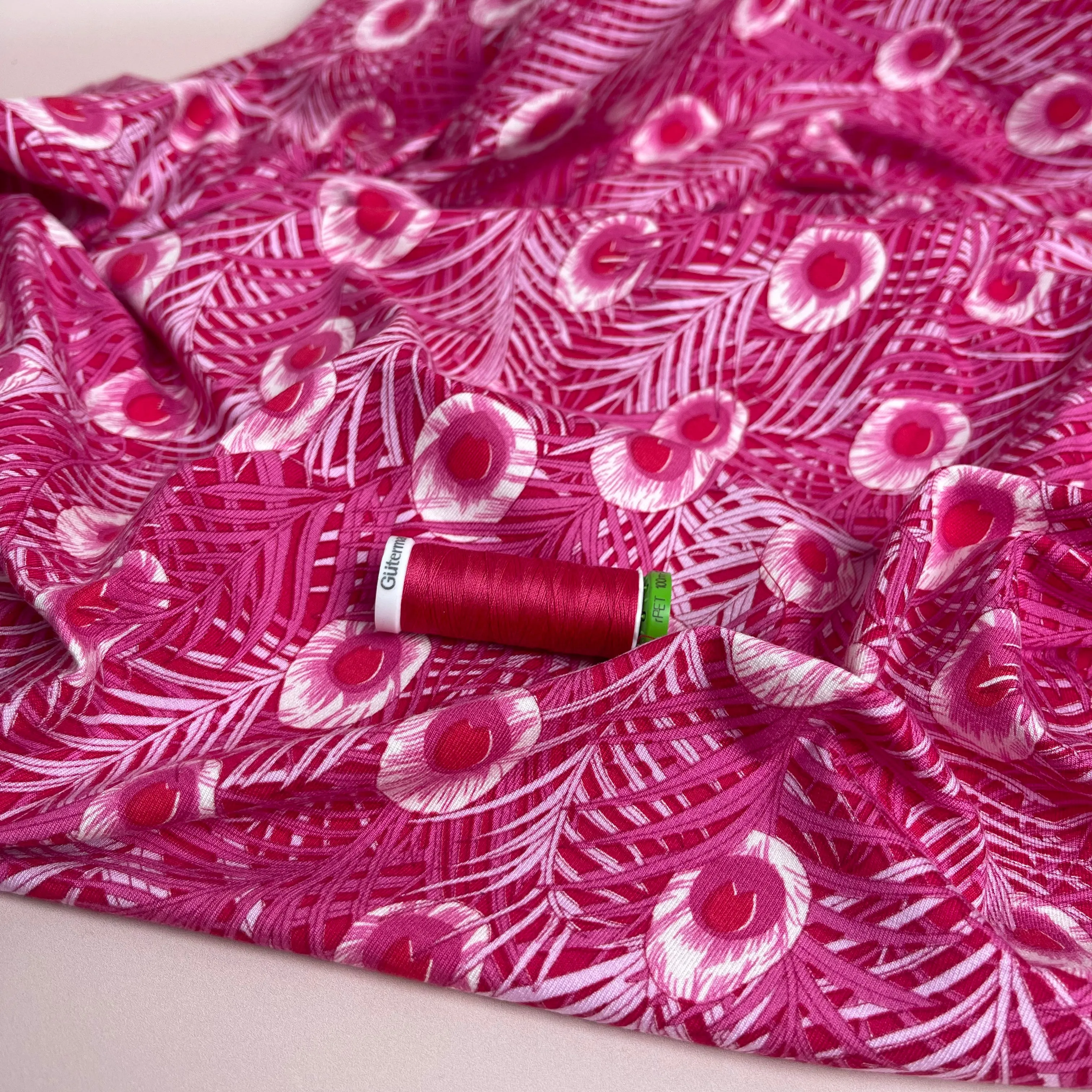 REMNANT 1.47 Metres - Peacock Feathers Cerise Pink Viscose Jersey Fabric