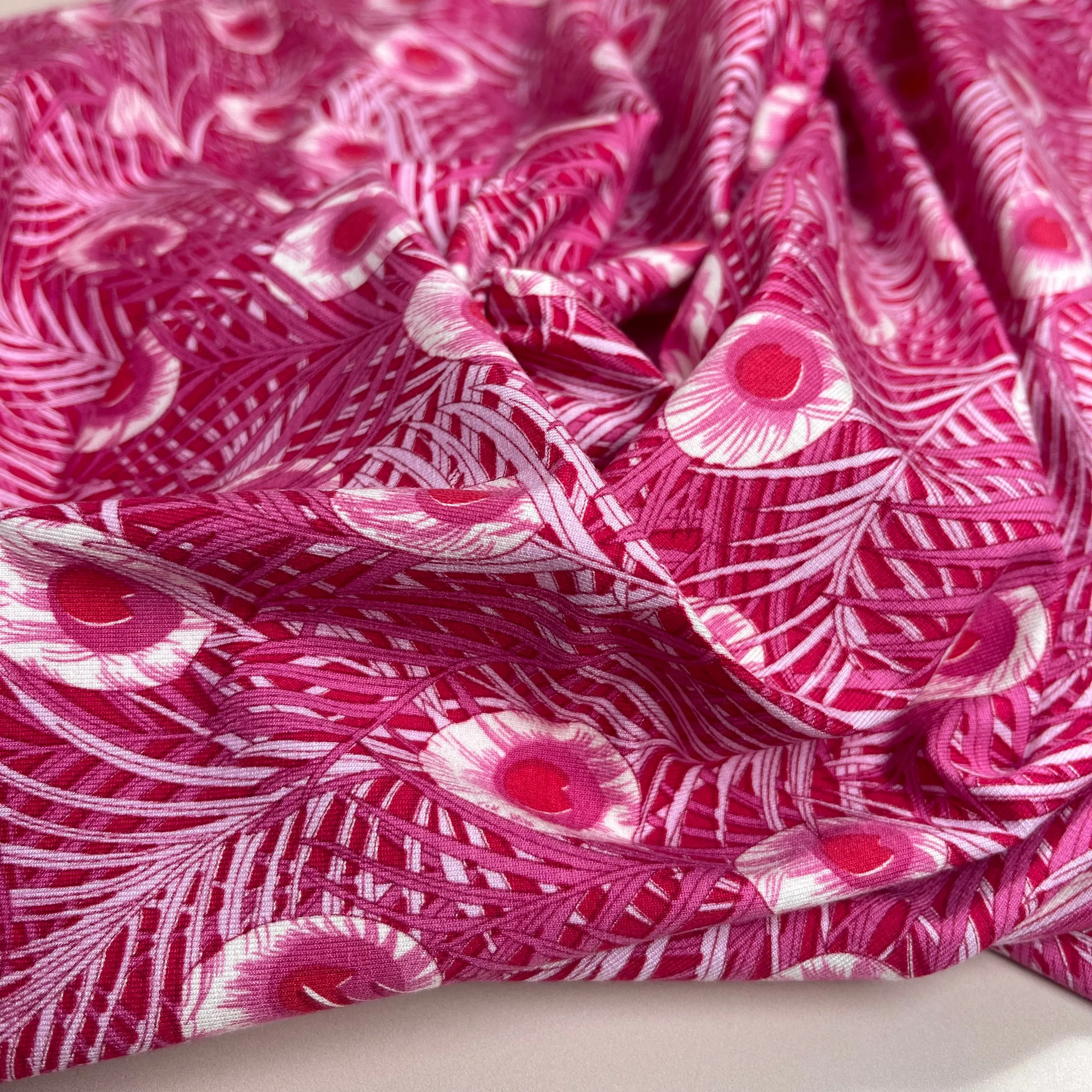 REMNANT 1.47 Metres - Peacock Feathers Cerise Pink Viscose Jersey Fabric