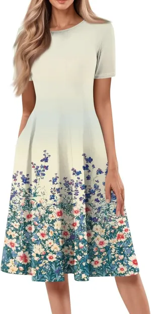 Summer Dresses for Women 2025 Beach Vacation Crewneck Short Sleeve Elegant A Line Dress Side Pockets Midi Sun Dress