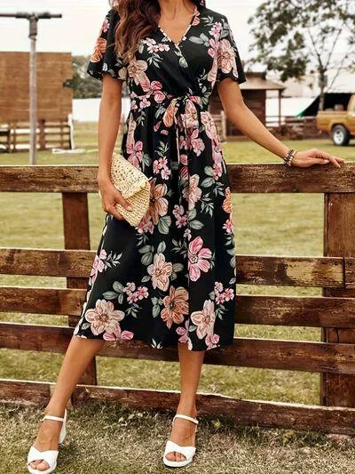 Tied Front Surplice Short Sleeve Floral Dress