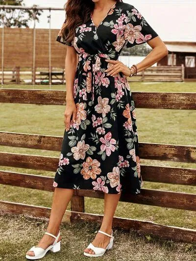 Tied Front Surplice Short Sleeve Floral Dress