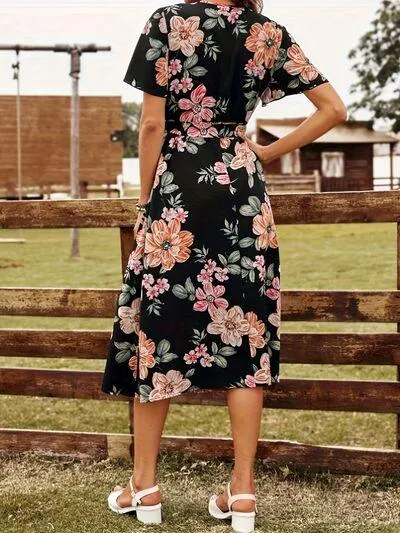 Tied Front Surplice Short Sleeve Floral Dress