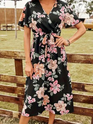 Tied Front Surplice Short Sleeve Floral Dress
