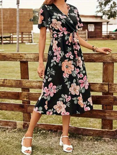 Tied Front Surplice Short Sleeve Floral Dress