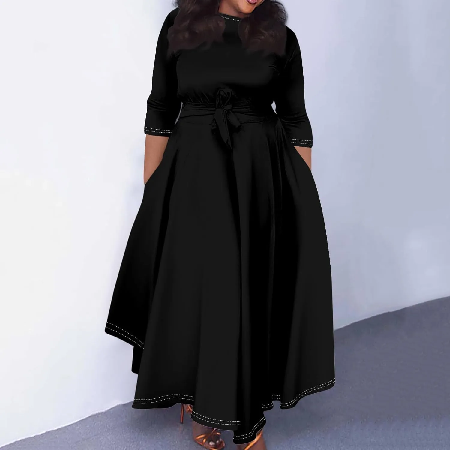 Trendy Plus Size Maxi Dresses for Women Formal Long Sleeve Elegant Floral 3/4 Sleeve Ruched Flowy A Line Long Dress